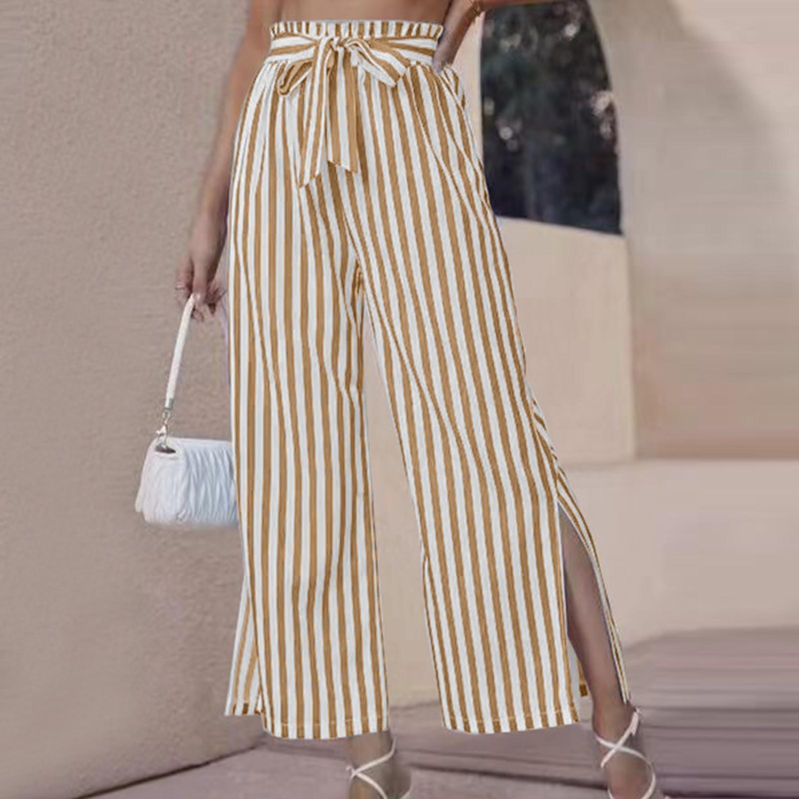 

Женские повседневные полосатые брюки с разрезом на талии, прямые широкие брюки, длинные брюки XL хаки