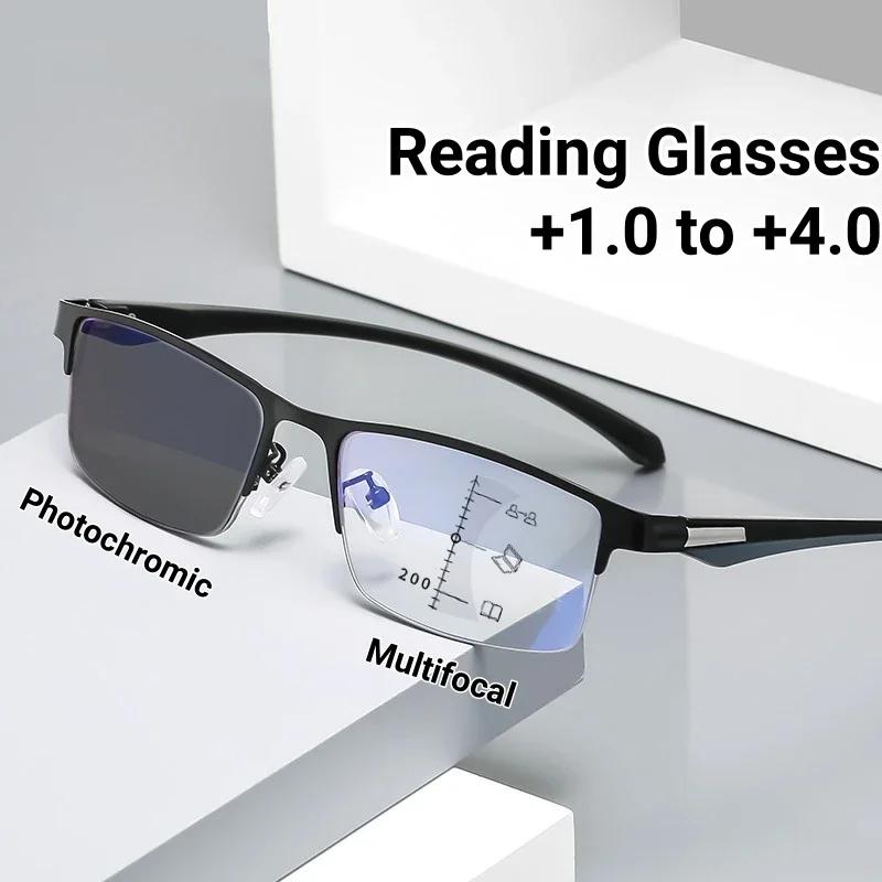 Mens Photochromic Presbyopia Glasses Half Frame Multifocal Reading Anti Blue Light HD Clear Vision