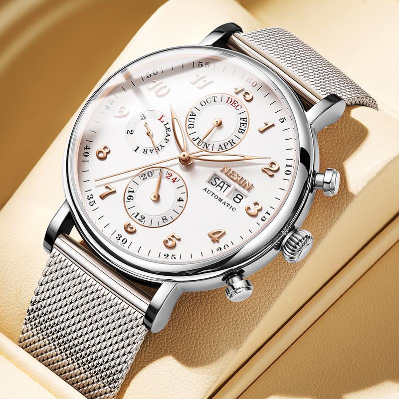 NESUN Herren Automatische Mechanische Uhr, Multifunktionale Wasserdichte Leder-Stahl Armbanduhr 9029