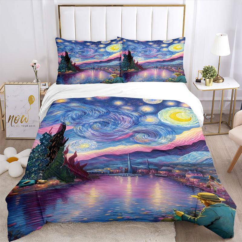 3Pcs Van Gogh Inspired Printed Bedding Set, Breathable and Soft, Machine Washable, Christmas Gift, Suitable for Bedroom Decoration, 15140