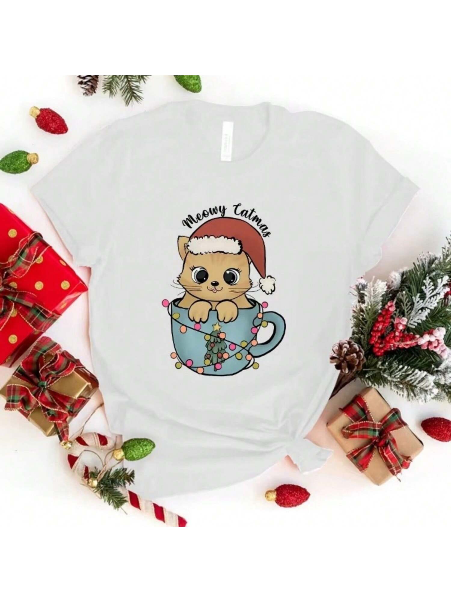 Fashion Unisex T-Shirt Merry Christmas Cat Print Designed Summer Tops Tees(Premium T-Shirt) S разноцветный