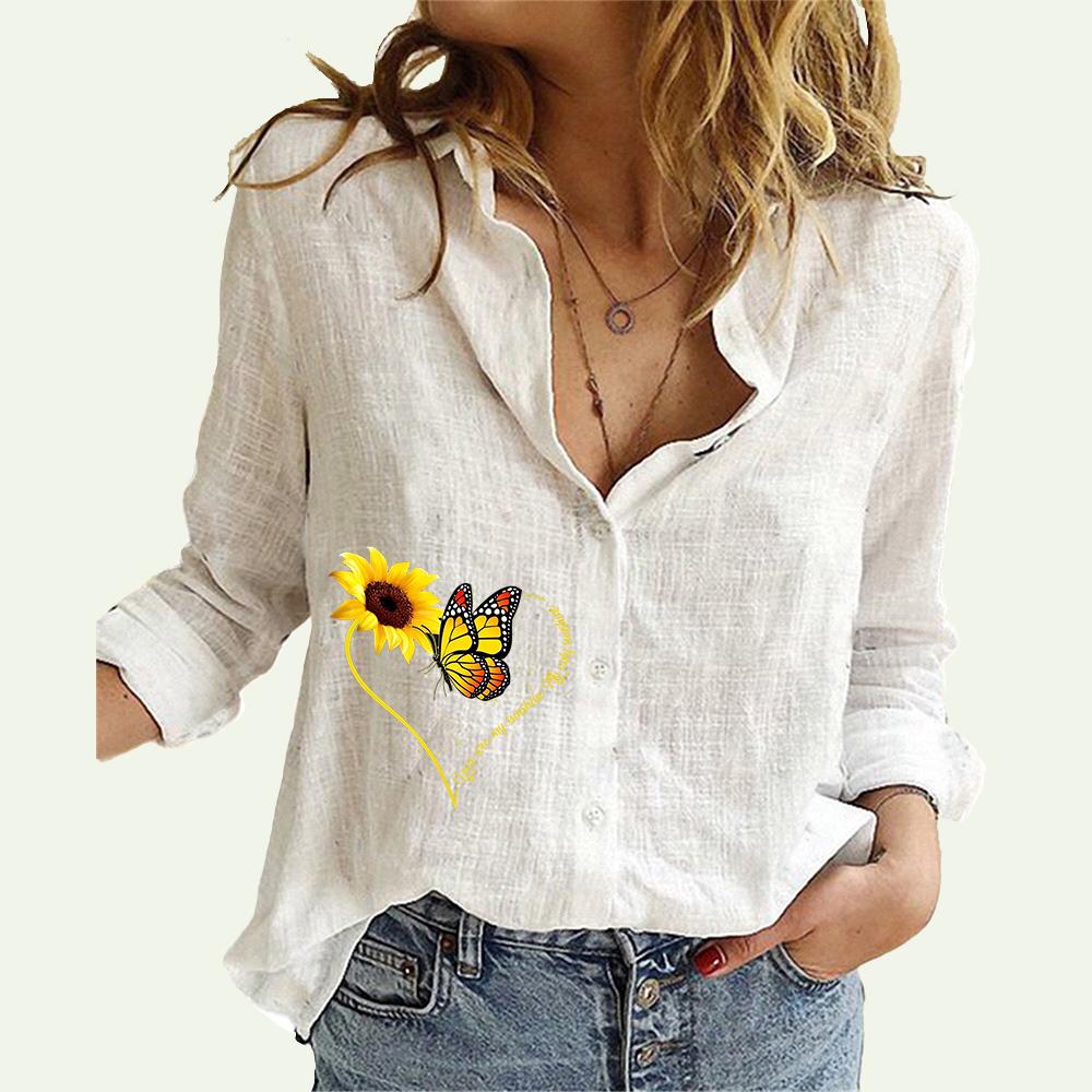 

Женская рубашка с цветочным принтом, летние и осенние повседневные льняные топы на пуговицах, женские модные блузки с длинными рукавами S белый