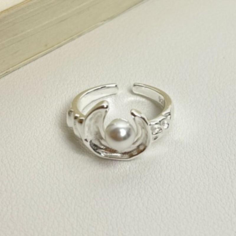 PANJBJ 925 Sterling Silver Pearl Moon Ring for Women Frosting Texture Irregular Trend Adjustable Jewelry Party Gift Dropshipping