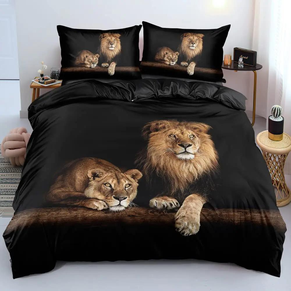 

Lion Print Down Quilt Cover Animal Flower Quilt Cover Natural Theme Bedding Three-Piece Set EU single 135*200