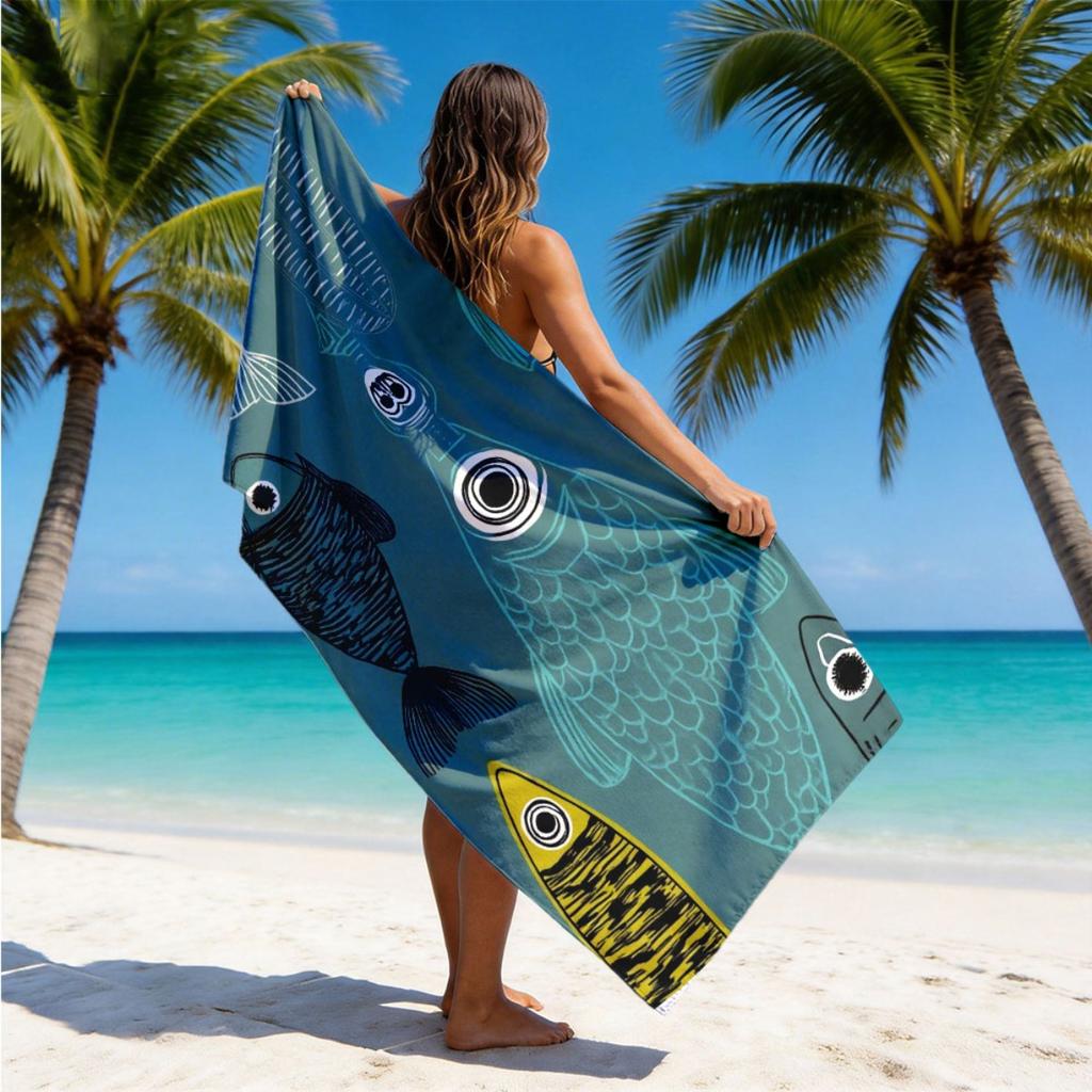 Marine Ocean Fish 2D Flat Printed Microfiber Beach Towel Sandproof Waterproof Surf Summer Holiday Swim Pool Bath Mat