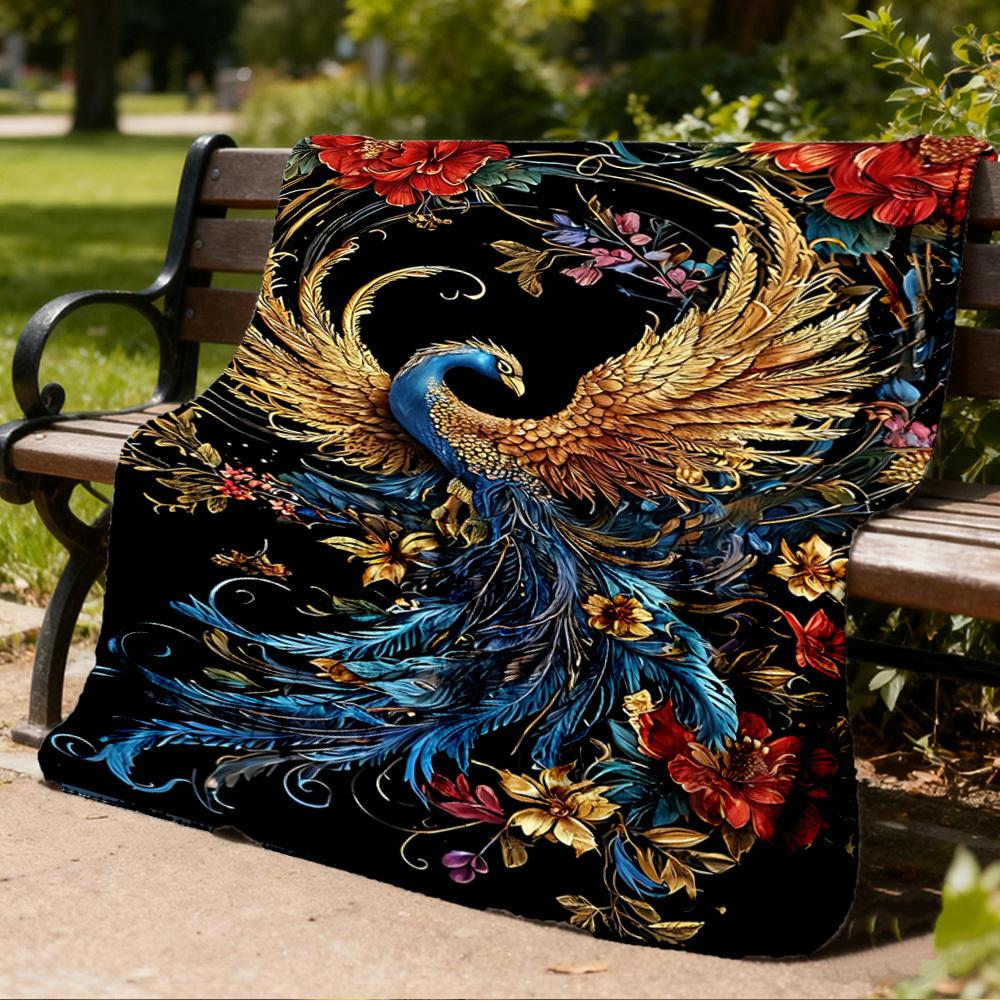 1pc Phoenix Feather Print Outdoor Blanket, Lightweight Polyester,