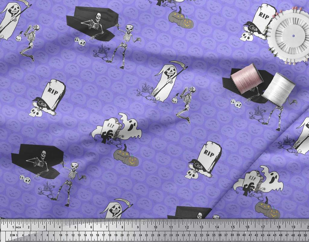 Soimoi Green Japan Crepe Satin Fabric Pumpkin & Skull Halloween Print Fabric by metre 42 Inch