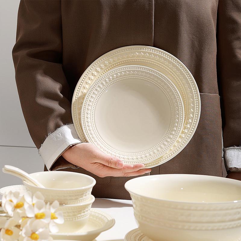 Conjunto de Pratos Simples Estilo Creme, Cerâmica Doméstica de Luxo Leve, Prato, Tigela de Sopa, Louça de Cerâmica Sob Esmalte