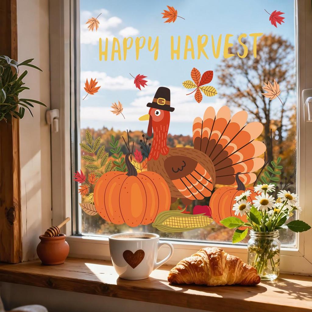 Autumn Harvest Electrostatic Stickers - Thanksgiving Turkey & Pumpkin PVC Glass Decor