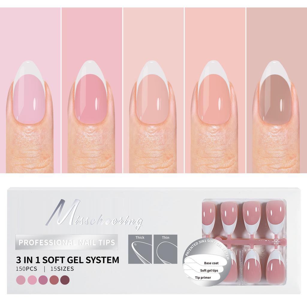 150PCS Coffin Almond Soft Gel Press on Nails 3 in 1 French Nail Tips Removeable 15 Sizes of Nail Art With Design DIY False Nails