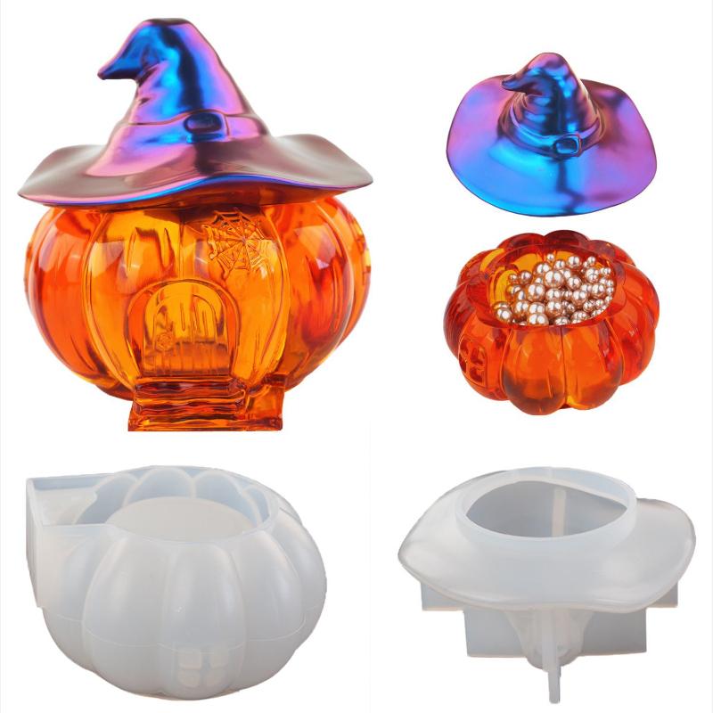 DIY Halloween Pumpkin Storage Jar Box Silicone Mold with Lid Crystal Epoxy Resin Mirror Gypsum Mold Home Decor Gifts