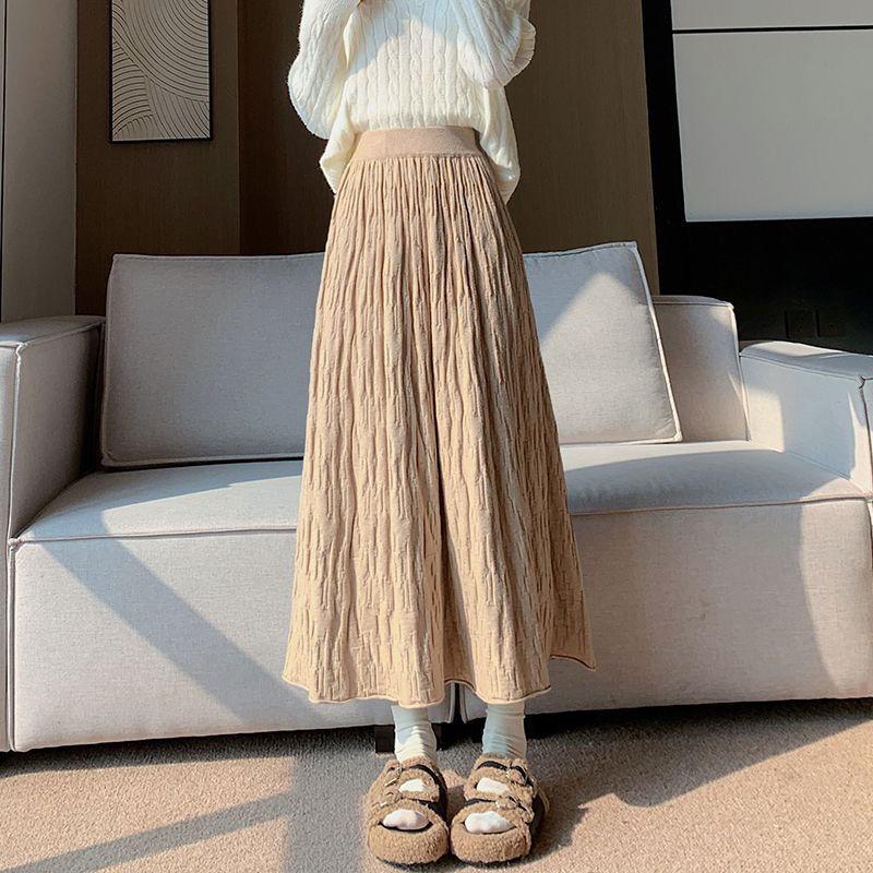 Original Autumn/Winter Folded Half Skirt 2025 Korean Edition High Waist Big Swing Skirt Warm Thick Knitted Wool Skirt Long Skirt