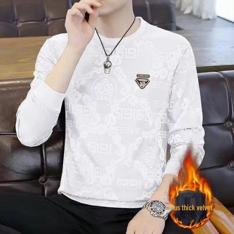 Men s Jacquard Round Neck Hoodie - Plus Velvet, Warm, Long Sleeve, Trendy Autumn/Winter Fashion. XL
