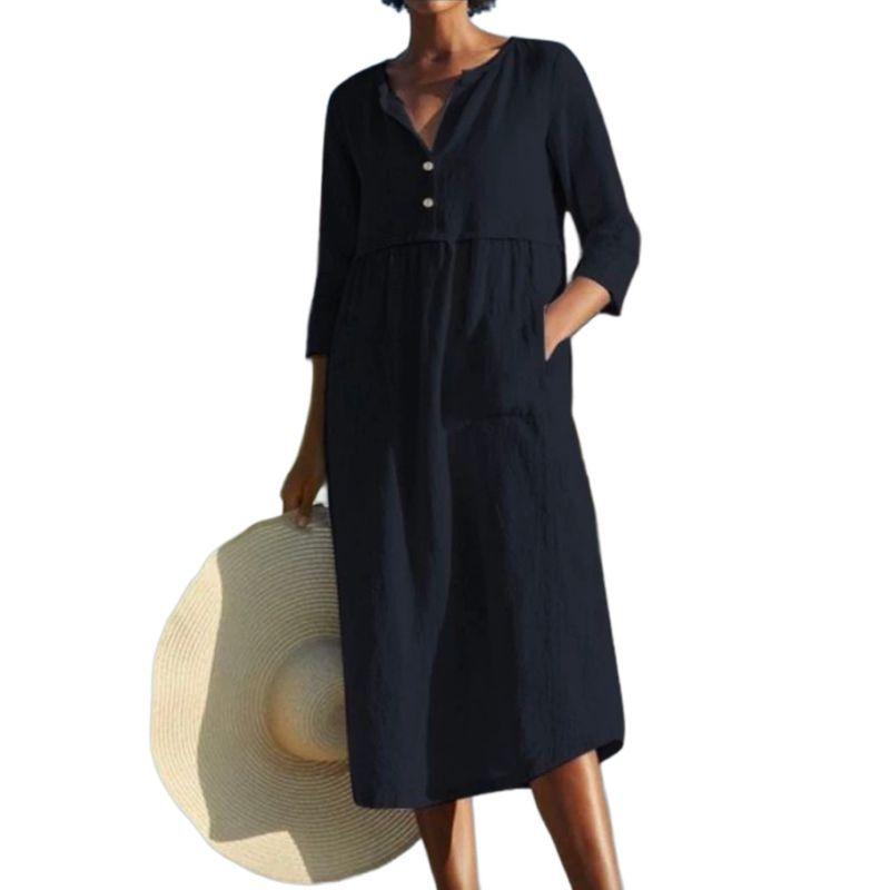 Women's Cotton-Linen Blend Mid-Sleeve Solid-Color Dress