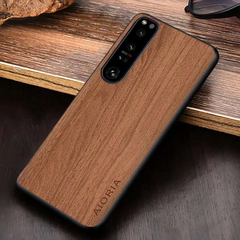 For Sony Xperia 5 10 1 VII VI V IV III ACE II Pro-I Case Wood Texture PU Leather Soft Shockproof Cover Anti-fingerprint Shell