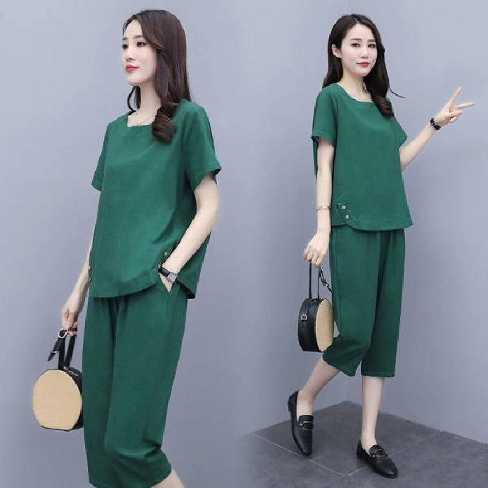 Women's Summer Big Size Leisure Suit Comfortable Thin Short-sleeved Top + Seven Trousers Solid Colour Simple Two-piece