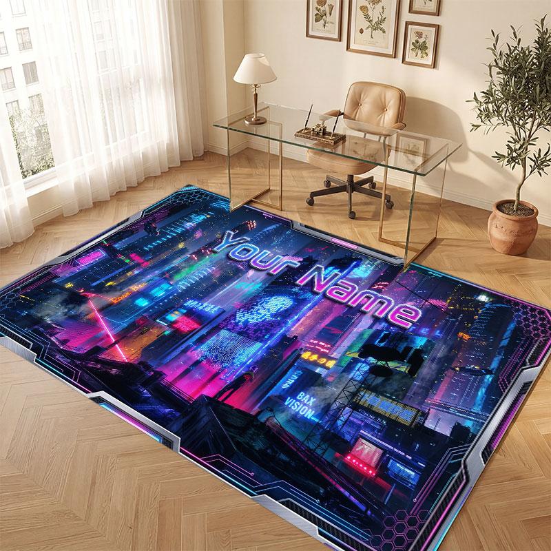 Stadt Cyberpunk Thema Kristall Samt Boden Teppich Personalisiert Benutzerdefinierter Name Text Warmer Teppich Heimdekoration