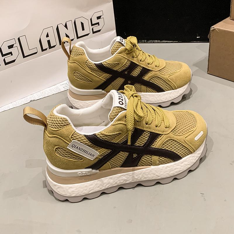 Fashion 7.5cm Air Mesh Micrifiber Leather Breathable Vulcanize Summer Chunky Sneakers Hollow Casual Platform Wedge Women Shoes