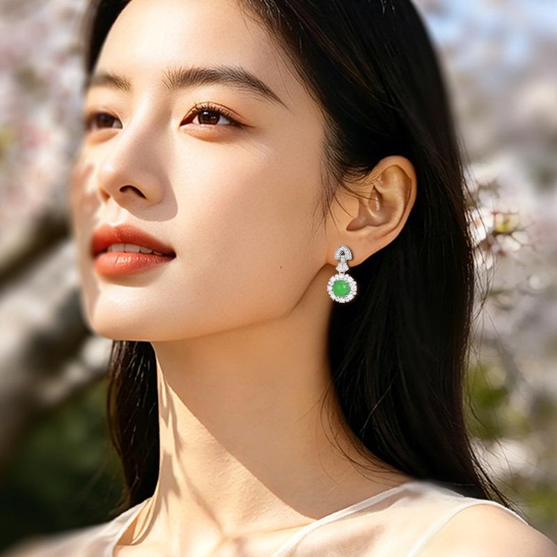 Elegant Jade Egg Face Earrings with Diamonds - Versatile Luxury Ear Clips for Women