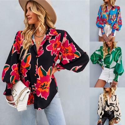 Jesienna Moda Drukowana Koszula Casual z Długim Rękawem dla Kobiet Vintage Elegancka Luźna Bluzka Zapinana na Guziki Kobieta Kołnierzyk z Wycięciem Proste Koszule 24677