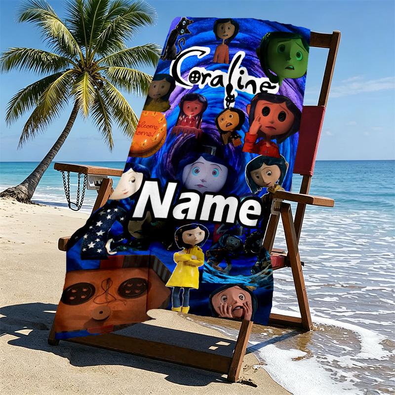 Custom Name Personalized Coraline Print Beach Towel, for Trip Camping Beach Party Home Decor, Birthday Gift for Family & Friends