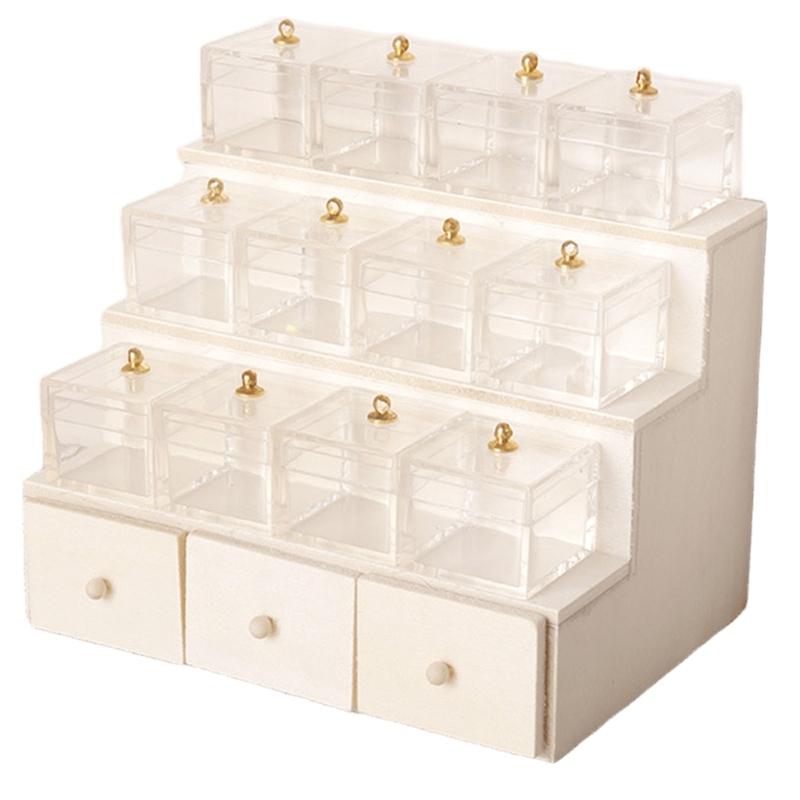 Tiered Display Shelf Wood Tiered Realistic Featured with Functional Drawer for 1/12 Scale Doll House Display Accessories
