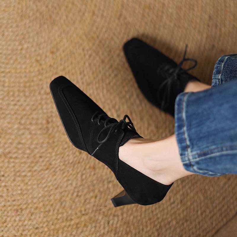 Krazing Pot Sheep Suede Autumn Winter Shoes Stiletto Med Heels Lace Up Size 43 Size 42 Pointed Toe Deep Mouth Pumps