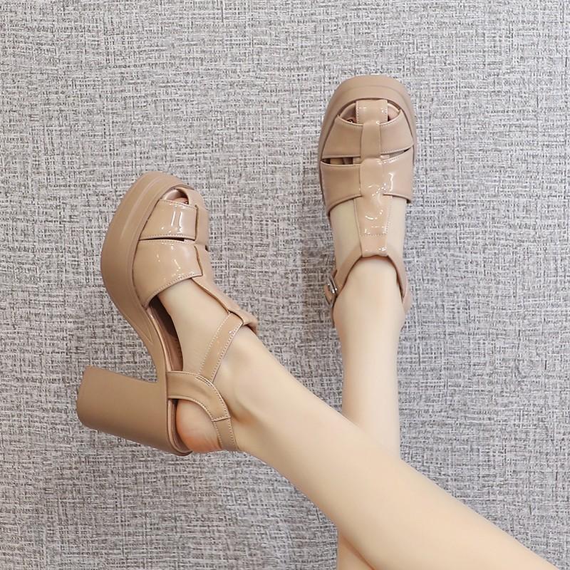 

Туфли на высоком каблуке Baotou Hollow Roman, женские, летние, новые, модные, сандалии с квадратным носком и затылком, с пряжкой в виде одного слова, для женщин 35 абрикосовый