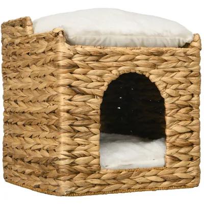 Zatte Two-Level Rattan Cat Hideaway with Cushion, Brown, Pet Capacity 5 kg