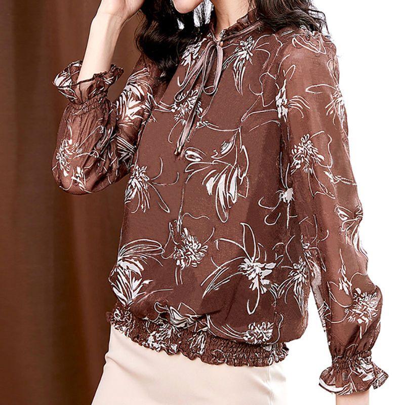

Шифоновые рубашки, модная женская одежда, тонкие фасоны с цветочным принтом, нишевые топы для женщин 3XL темно-коричневого