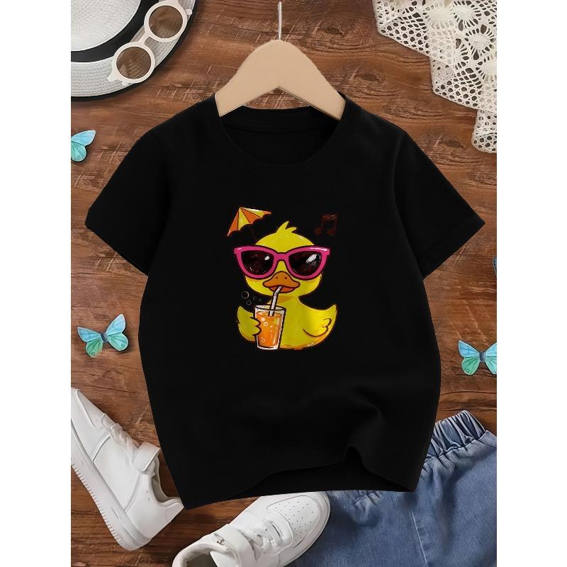 European Sizes A Short-Sleeved Casual T-Shirt for Girls Featuring Cool Glasses And a Cute Yellow Duck Print
