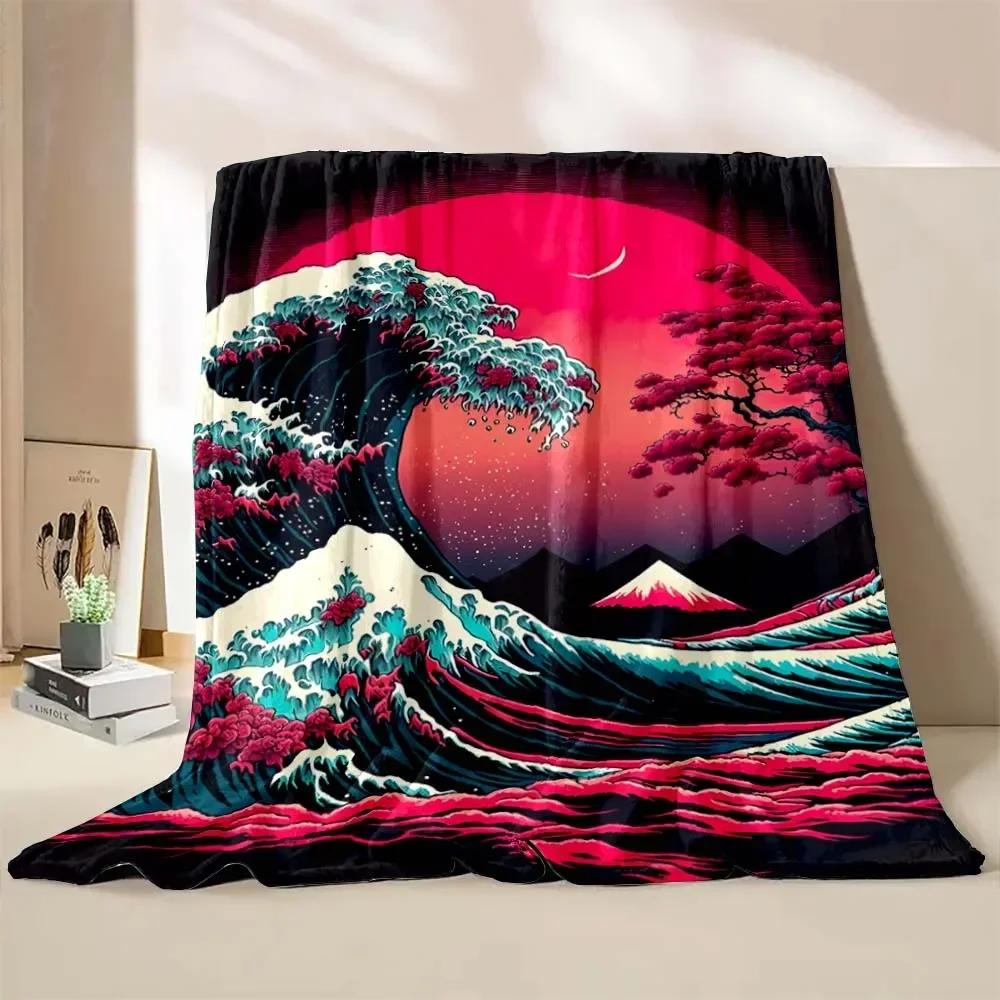 New! Japan Art Beautiful Wave Printed Blanket Fine Workmanship,Home Office Nap Trip Car Blanket for Four Seasons Quickly Arrival
