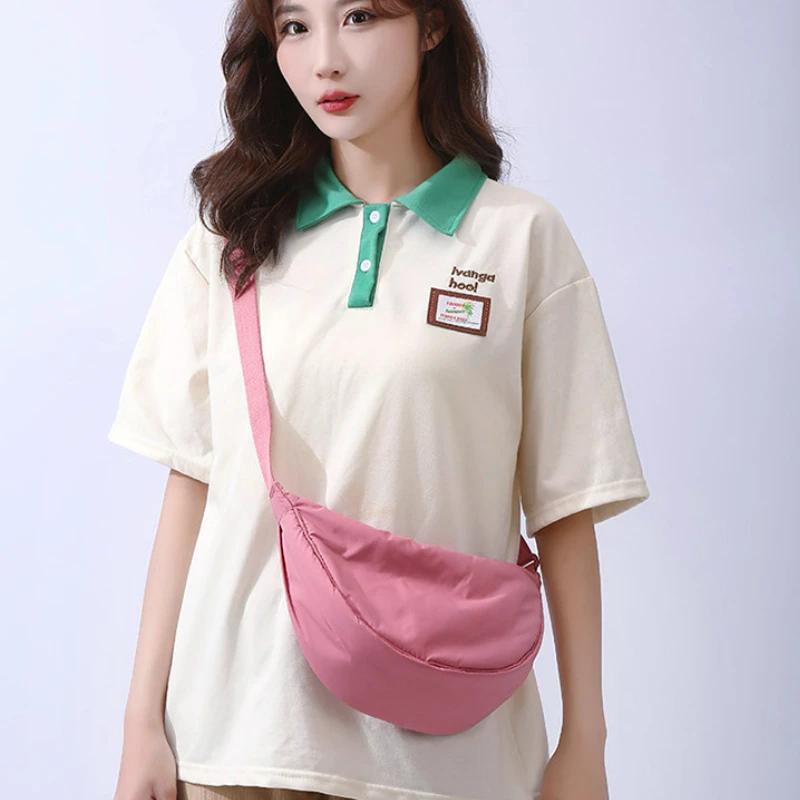 Solid Women's Portable Shoulder Bag Simple Female Nylon Cloth Padded Crossbody Bags Travel Purse Handbags Messenger Bag