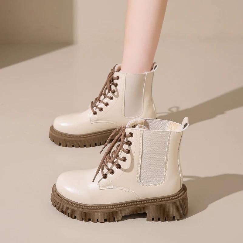 Pantofi de damă 2024 Cizme noi cu șireturi pentru femei Cizme moderne la modă cu vârf rotund pentru femei Iarnă Mărimi mari Stil britanic Cizme până la jumătatea gambei