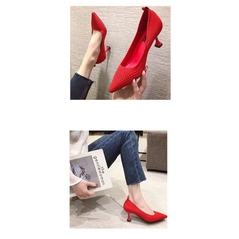 Damen High-Heel Stiletto Einzelne Schuhe Frühling und Herbst Neu Stretch Gestrickt Flach Vier-Jahreszeiten Schuhe
