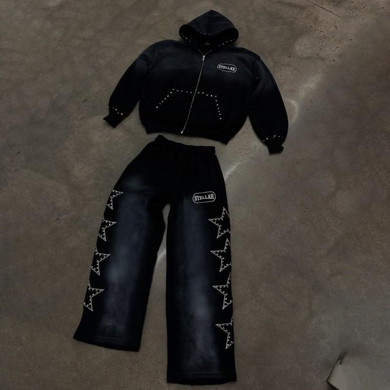 Winter Hip Hop Star Print Hoodie Loose Fit Zip Up Sweatshirt Men Women