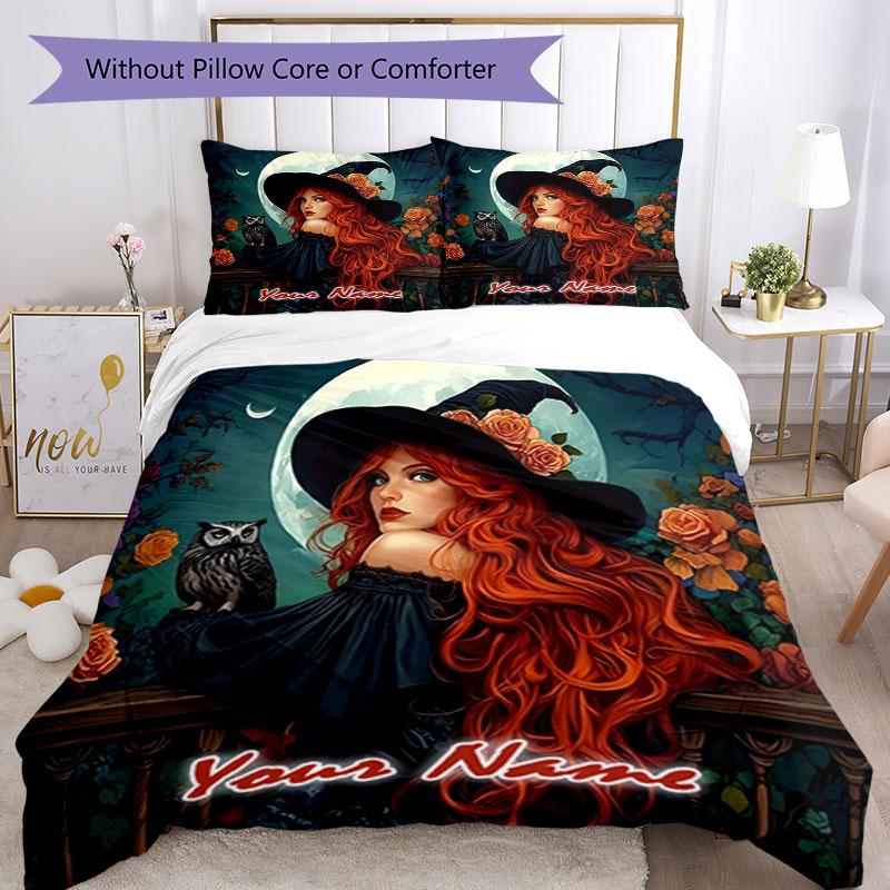 3PC Custom Name Witchcraft Moonlight Bedding Set Printed Bedding Set Duvet Cover Closure Includes 1 Duvet Cover & 2 Pillowcases for All Seasons Bedroo