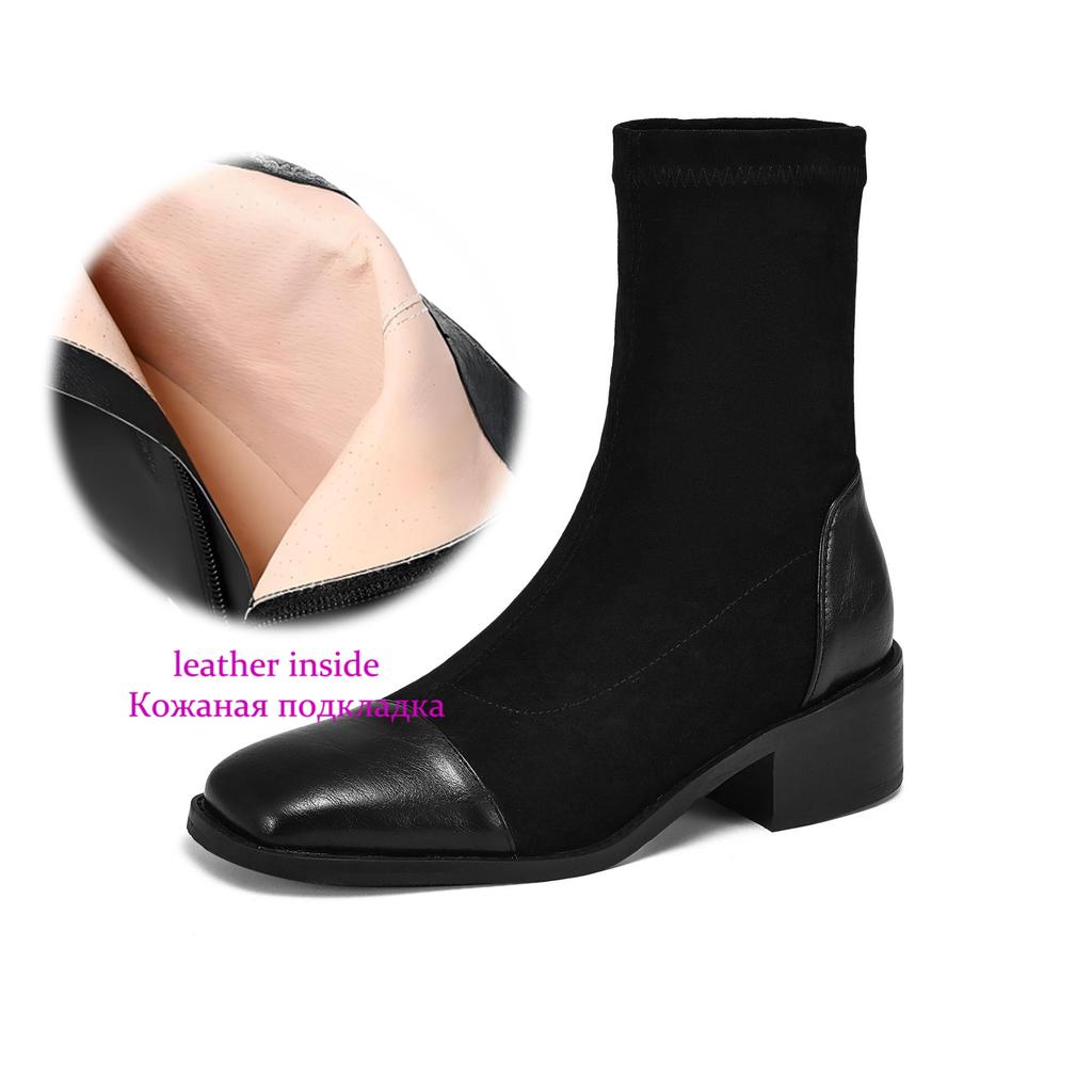 Krazing Pot Microfiber Flock Autumn Winter Shoes Thick Med Heels Size 43 Elastic Boots Stretch Patch Work Ankle Boots