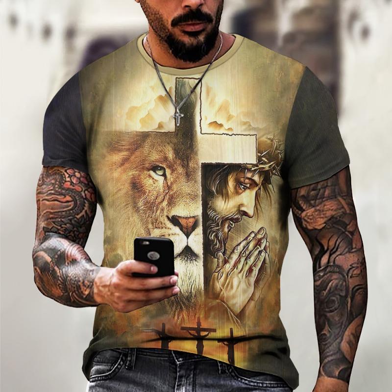 Men s 3D Tiger Pattern Hoodie Men s T-shirt Summer Casual Animal Round Neck Short Sleeve Top 5XL
