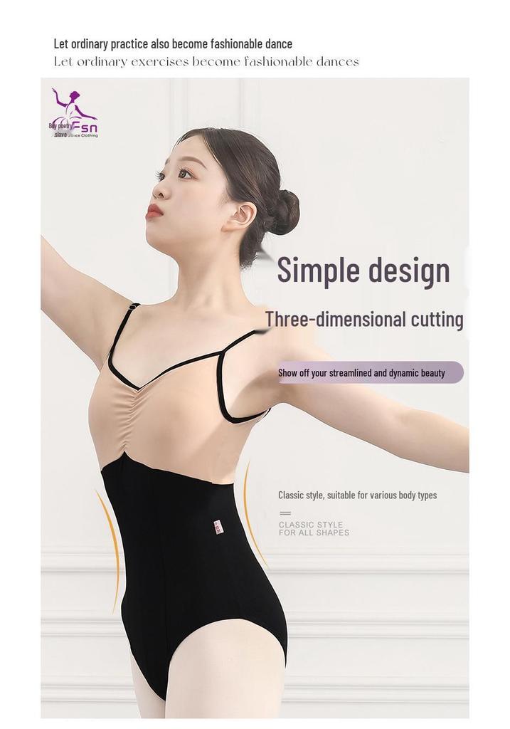 Fushinu Damen Ballett Tanzbekleidung: Color-Block-Spaghettiträger-Trikot mit taillierter Taille für Kunstprüfungen und Gymnastiktraining