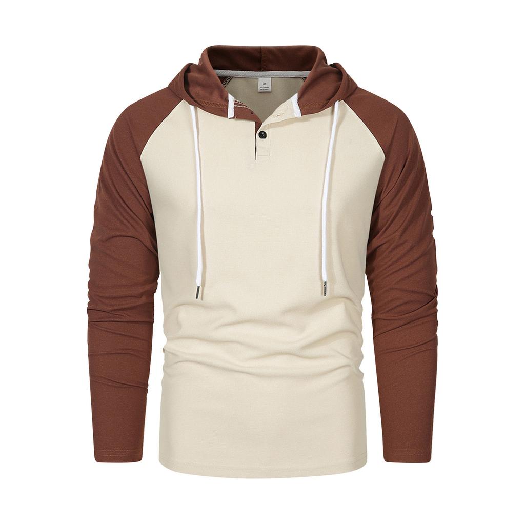 Men's Raglan Sleeve Colorblock Button Collar Hooded Sweatshirt Men's Sports Large Size Casual Pullover Sweatshirt