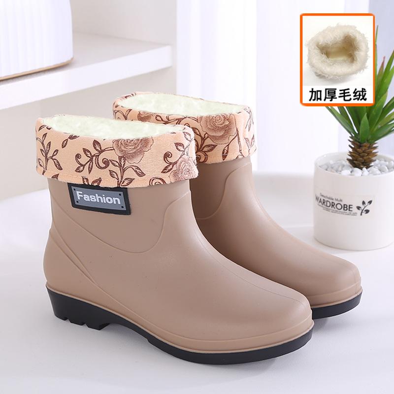 Fashion velvet rain boots rain shoes women's winter short waterproof shoes kitchen non-slip quick-drying car wash rubber shoes