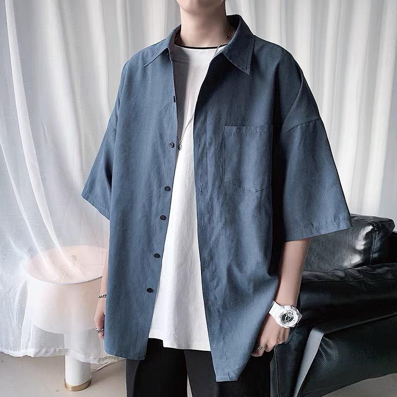 Simplicity Handsome Turn-down Collar Solid Shirts Loose Short Sleeve Button Business Casual Young Style Fashion Men's Clothing