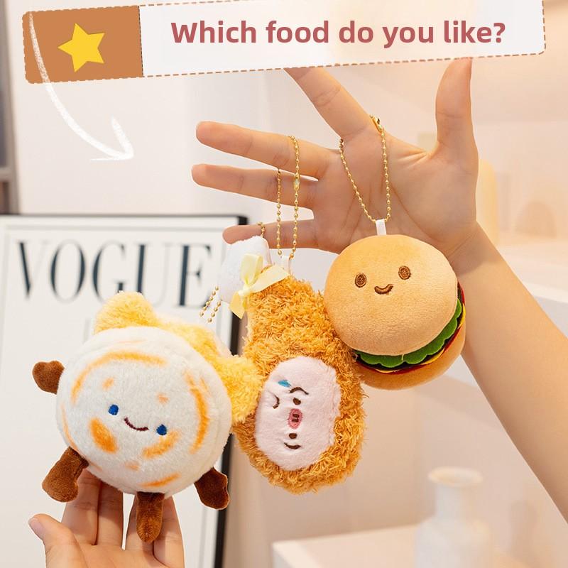 Cute Creative Plush Food Hanging Ornament Pancake Egg Noodles Burger Croissant Keychain Short Plush Toy Cartoon Style