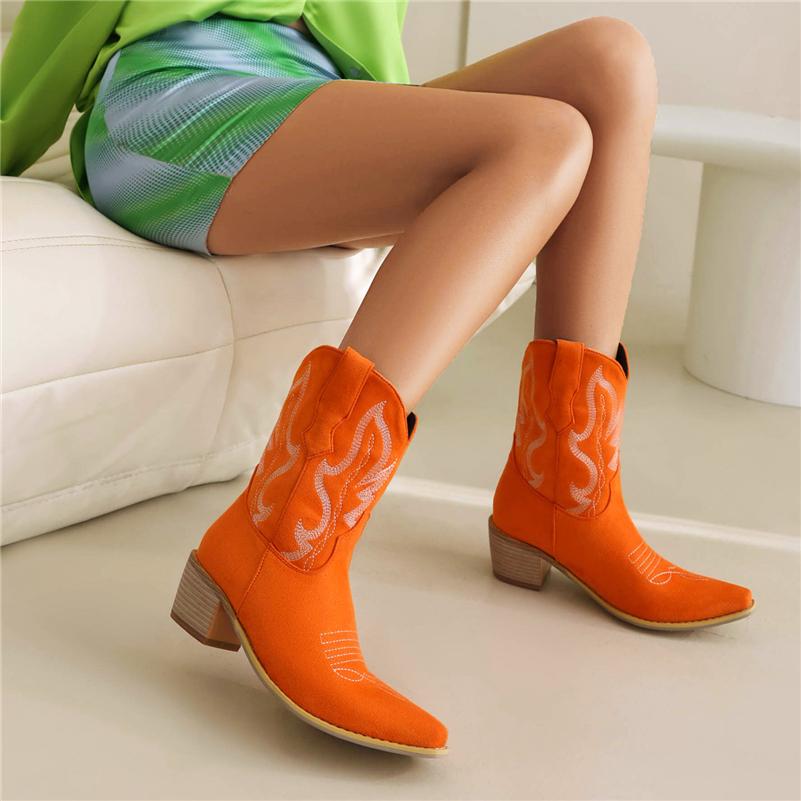 FOREADA Stivaletti da Cowboy Corti da Donna Punta Quadrata Tacco Medio Spesso Ricami Stivale da Cowgirl Occidentale Scarpe alla Moda da Donna Inverno 46