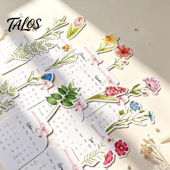 Floral And Cat Theme Calendar 2027 Flower Desk Calendar, English Tabletop with Wooden Base, Monthly Planner For & Decorative for Office Home