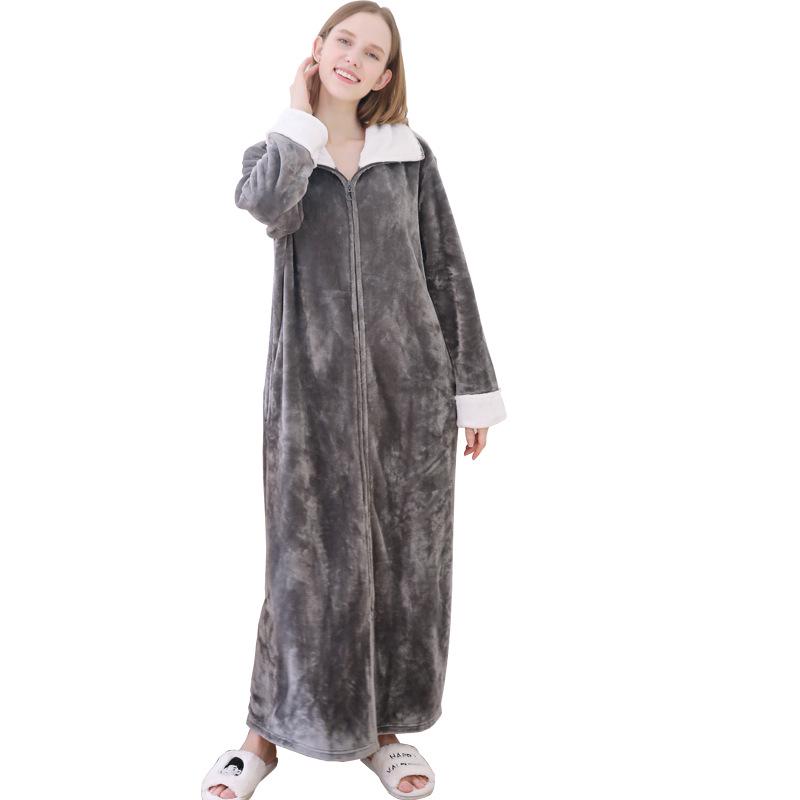 Women's Plus Size Long Nightgown - Double Zipper, Autumn/Winter Pajamas, Home Wear Robe