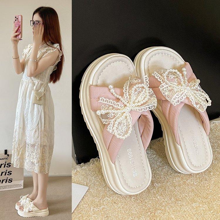 Fashion Butterfly-Knot Beach Shoes Slippers Casual Low Slipers Women Slides Lace Sabot Luxury 2025 Soft Summer Rome Butterfly-knot Rubbe