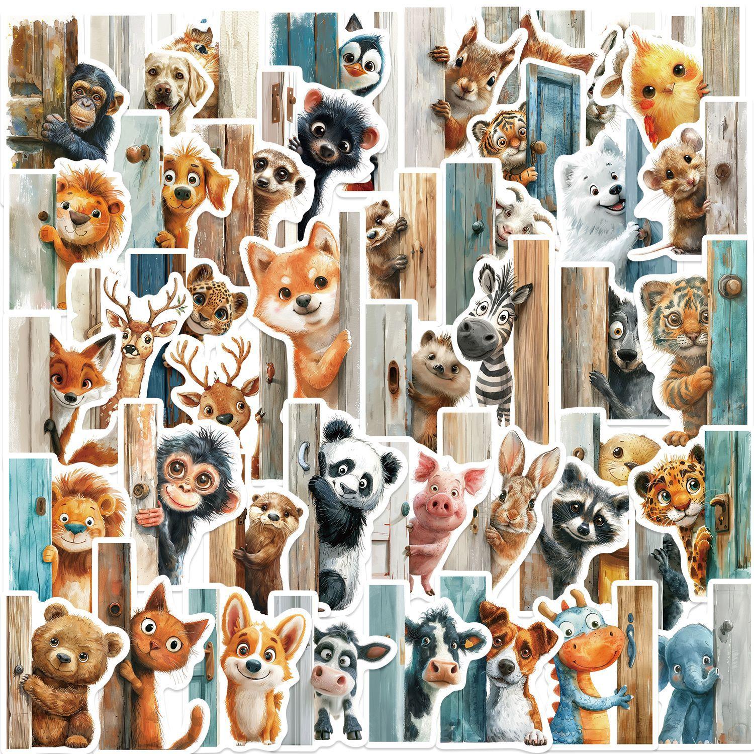

50 Cartoon Peeking Animal Stickers Outside The Door Decorative Notebook Suitcase DIY Waterproof Stickers