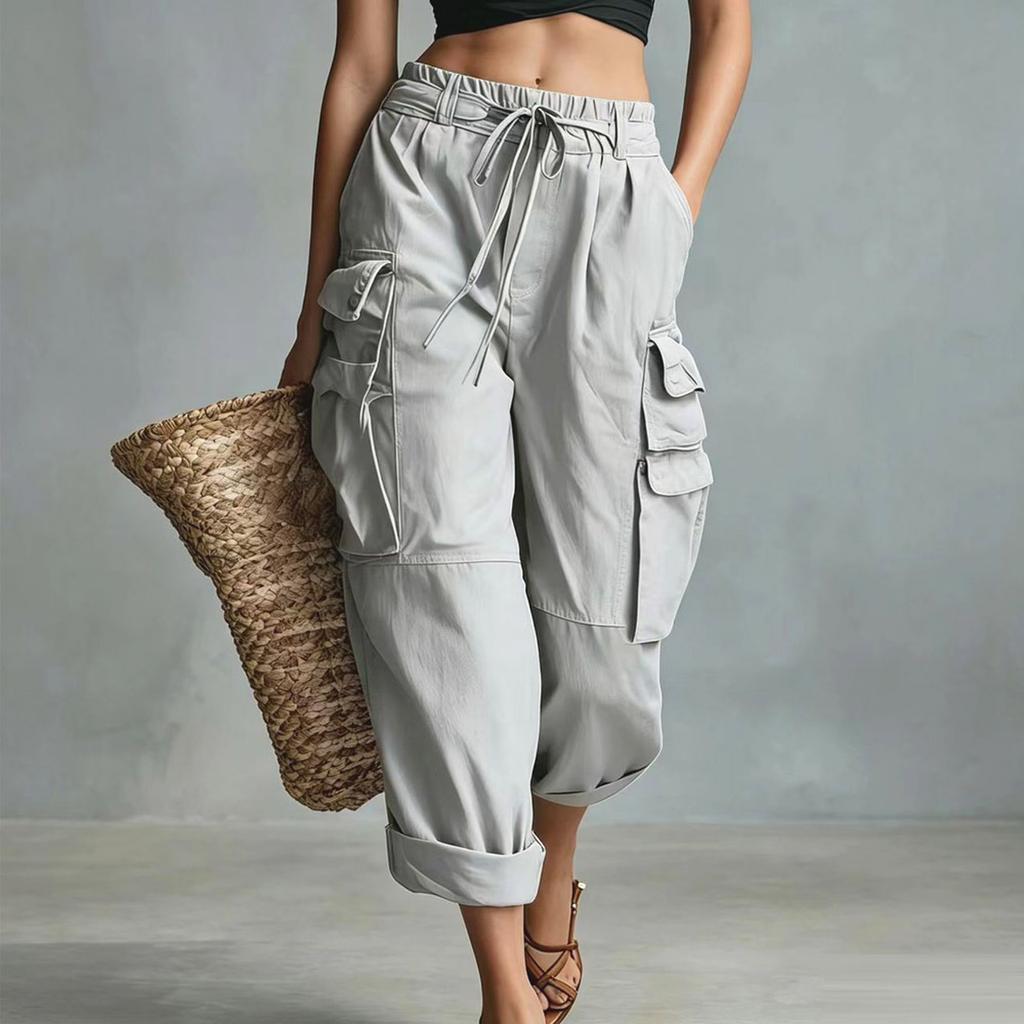 Women’s Loose Fit Straight Leg Cargo Pants with Drawstring Waist and Multiple Pockets for Casual Jogger Style Outdoor Work